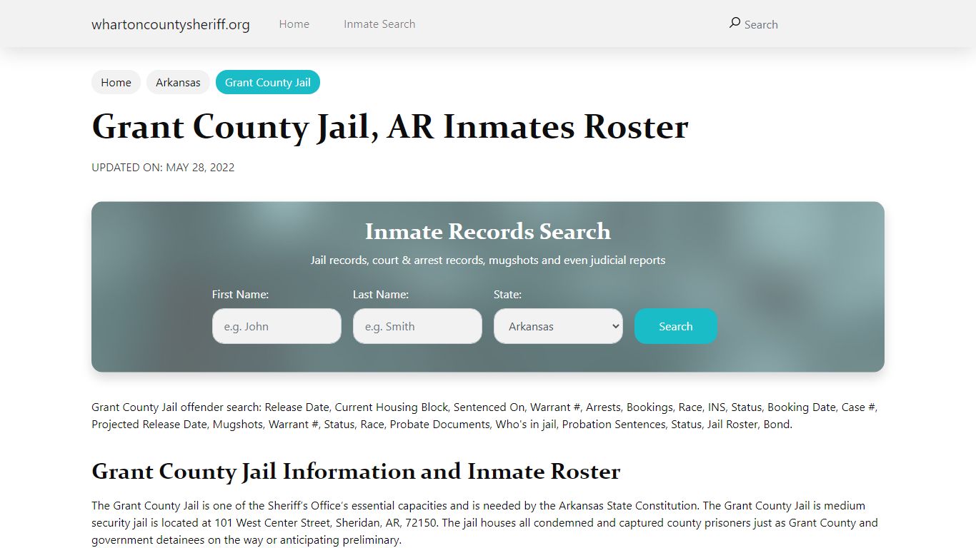 Grant County Jail, AR Jail Roster, Name Search