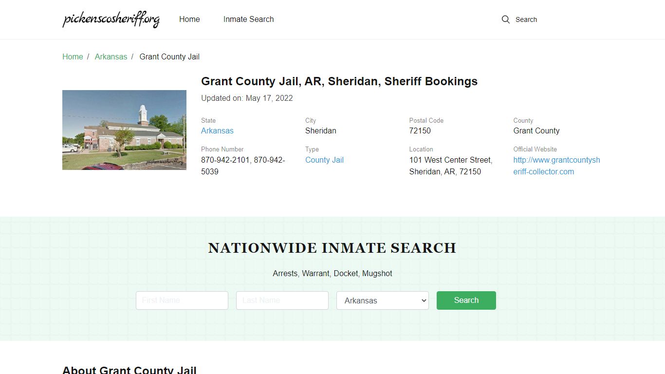 Grant County Jail, AR, Sheridan, Sheriff Bookings